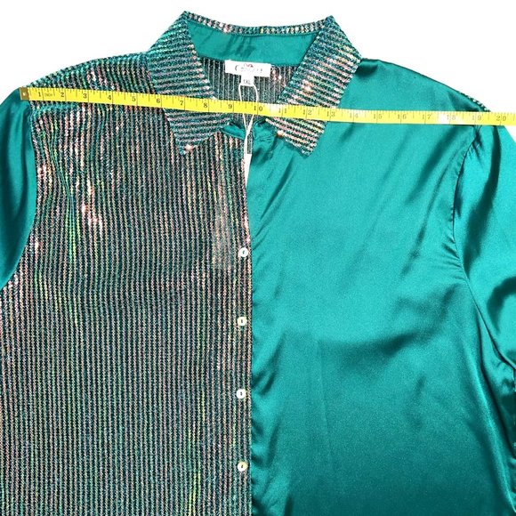 GeeGee Plus - Women's Size 1XL Green Sequins Long Sleeve Button Up Blouse - Picture 7 of 11